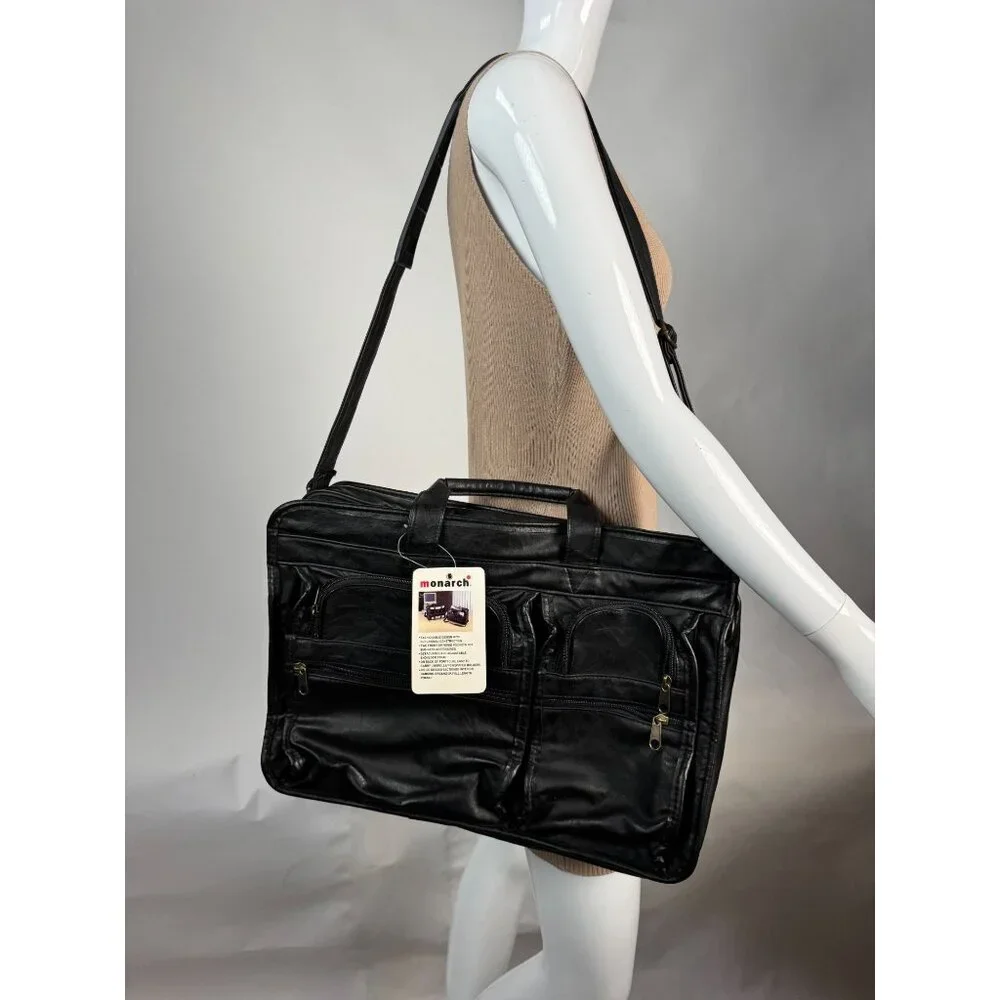 Monarch Black Leather Look Business Briefcase With Multiple Zippered Pockets & A